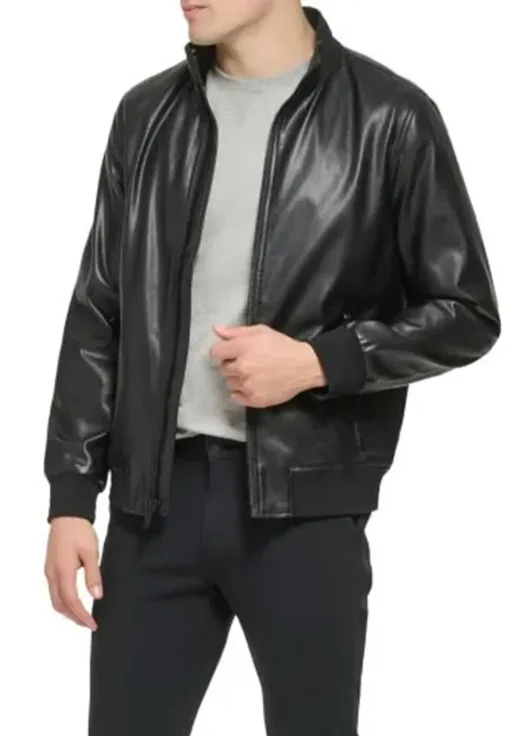 mens-elegant-black-faux-leather-bomber-jacket