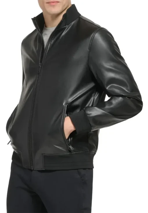 mens-elegant-black-faux-leather-bomber-jacket