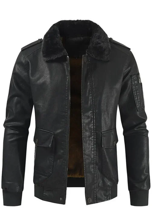 mens-fleece-lined-black-faux-leather-bomber-jacket