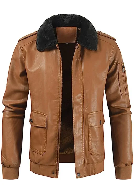 mens-fleece-lined-brown-faux-leather-bomber-jacket