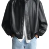 mens-high-collar-black-faux-leather-bomber-jacket