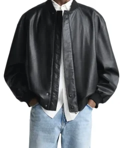 mens-high-collar-black-faux-leather-bomber-jacket