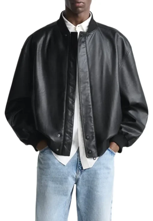 mens-high-collar-black-faux-leather-bomber-jacket