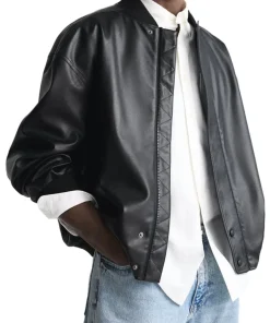 mens-high-collar-black-faux-leather-bomber-jacket