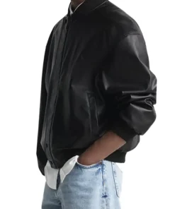 mens-high-collar-black-faux-leather-bomber-jacket