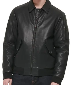 mens-laydown-collar-black-faux-leather-bomber-jacket