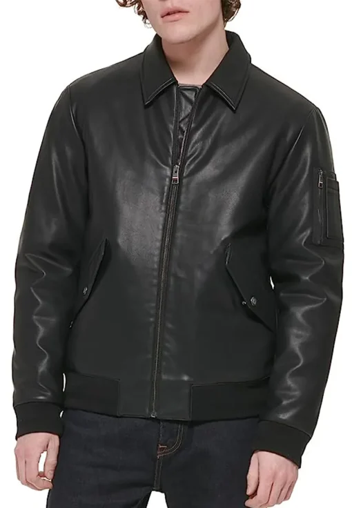 mens-laydown-collar-black-faux-leather-bomber-jacket