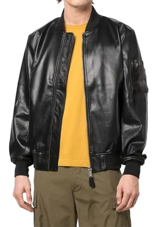 mens-long-sleeve-black-faux-leather-bomber-jacket