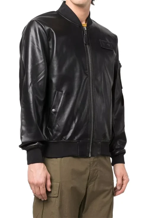 mens-long-sleeve-black-faux-leather-bomber-jacket