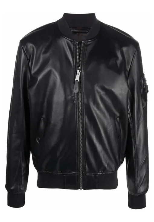 mens-long-sleeve-black-faux-leather-bomber-jacket