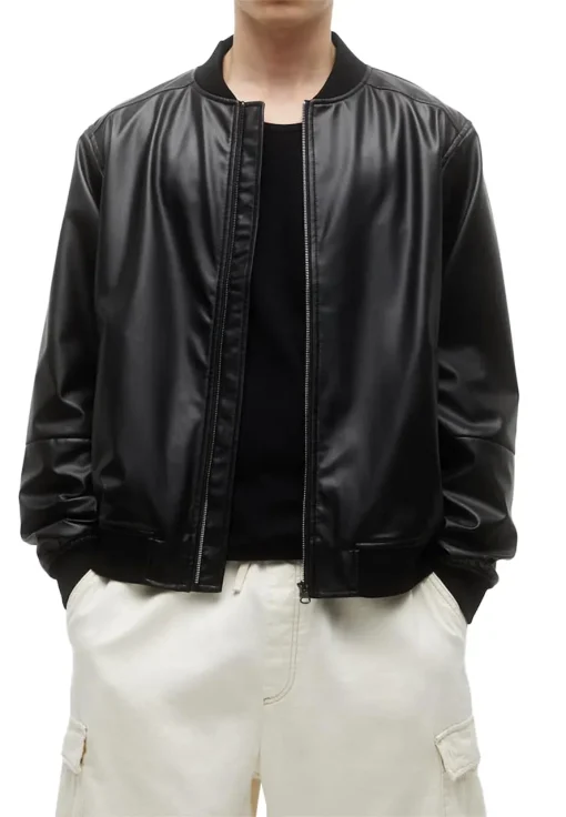 mens-rib-knit-collar-black-faux-leather-bomber-jacket