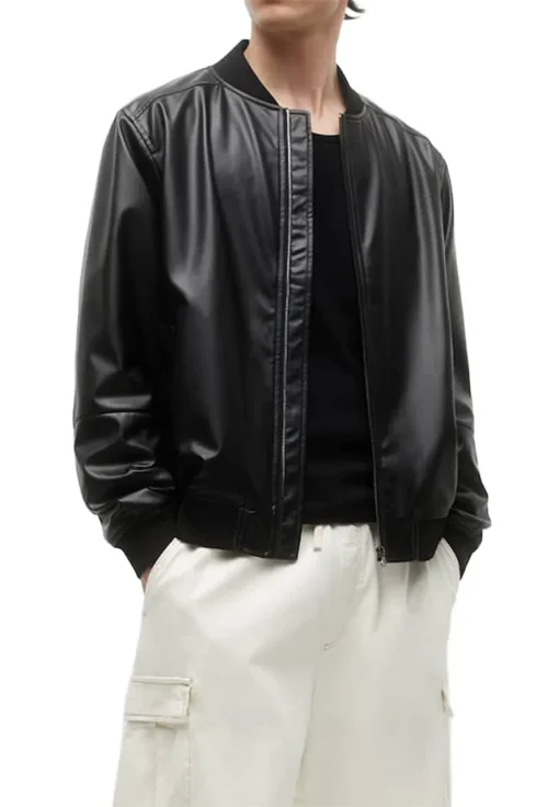 mens-rib-knit-collar-black-faux-leather-bomber-jacket