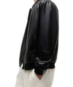 mens-rib-knit-collar-black-faux-leather-bomber-jacket