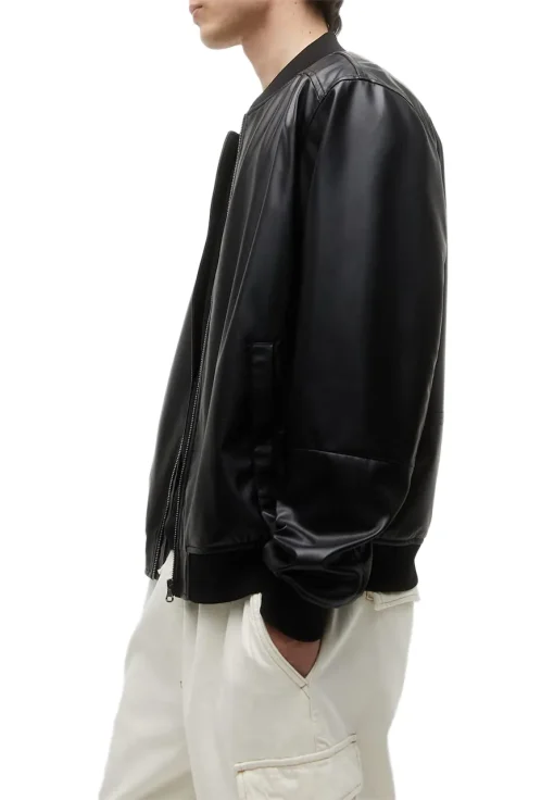 mens-rib-knit-collar-black-faux-leather-bomber-jacket