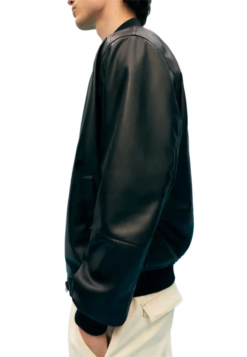 mens-rib-knit-collar-black-faux-leather-bomber-jacket