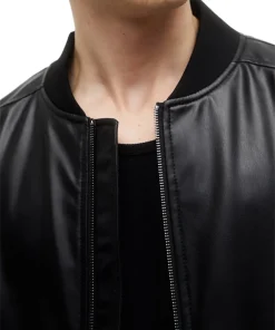 mens-rib-knit-collar-black-faux-leather-bomber-jacket