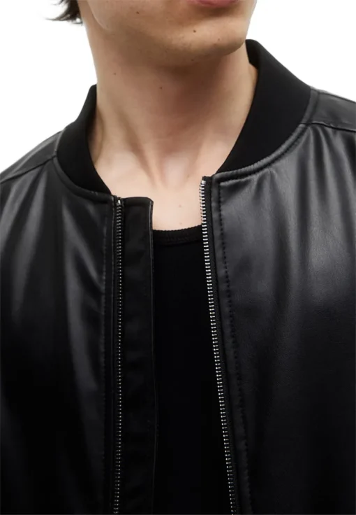 mens-rib-knit-collar-black-faux-leather-bomber-jacket