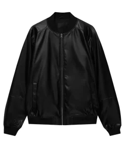 mens-rib-knit-collar-black-faux-leather-bomber-jacket