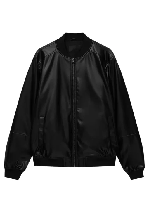 mens-rib-knit-collar-black-faux-leather-bomber-jacket