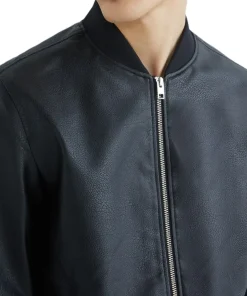mens-simple-black-faux-leather-bomber-jacket