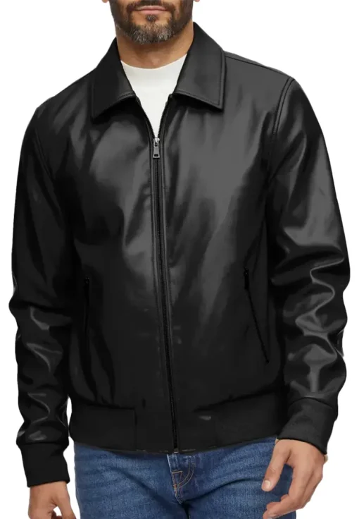 mens-smooth-black-faux-leather-bomber-jacket