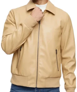 mens-smooth-camel-faux-leather-bomber-jacket