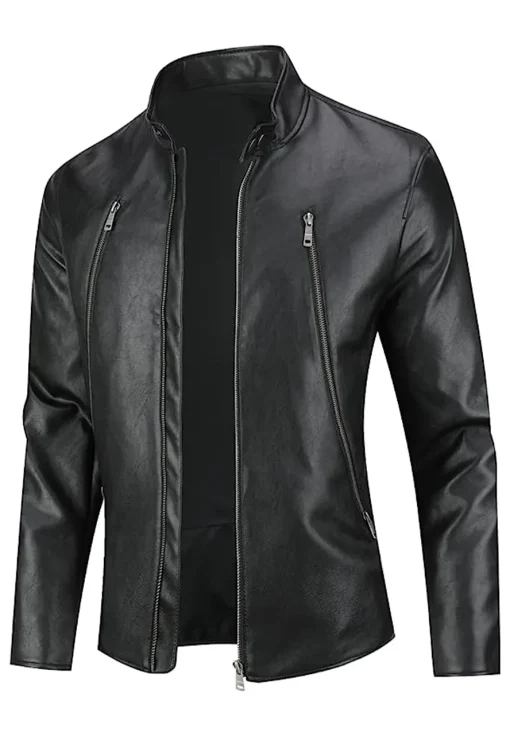 mens-stand-collar-casual-black-faux-leather-jacket