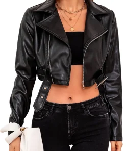 womens-black-faux-leather-bomber-buckle-belted-crop-jacket