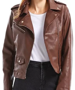 womens-brown-faux-leather-snap-down-lapel-jacket