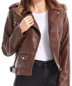 womens-brown-faux-leather-snap-down-lapel-jacket