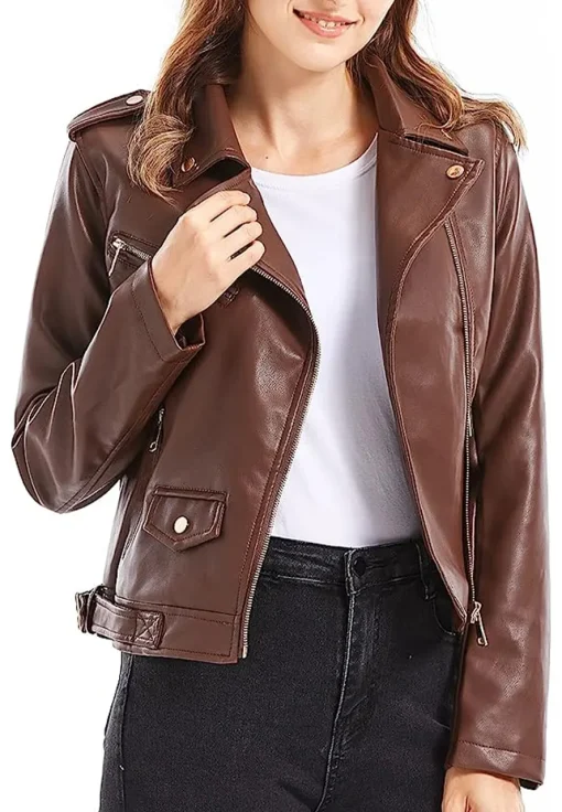 womens-brown-faux-leather-snap-down-lapel-jacket