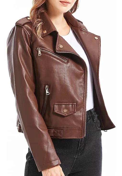 womens-brown-faux-leather-snap-down-lapel-jacket