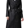 womens-double-breasted-black-faux-leather-trench-coat