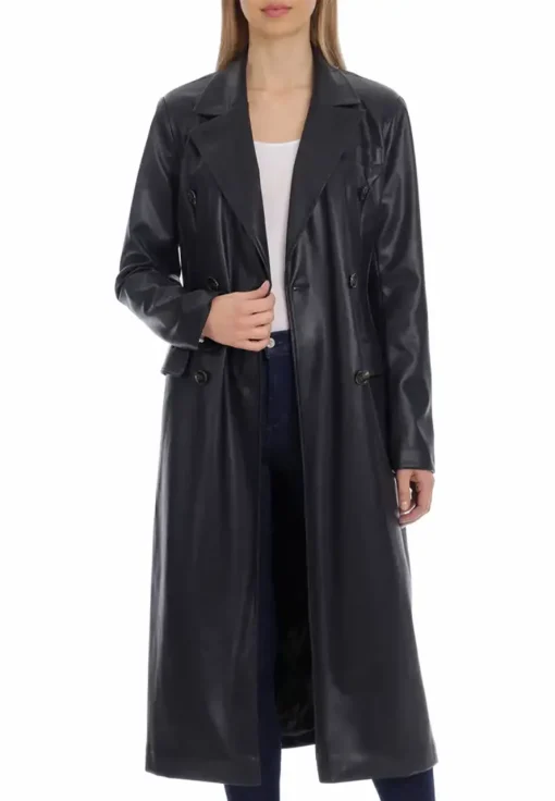 womens-double-breasted-black-faux-leather-trench-coat