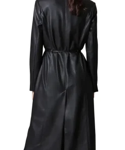 womens-double-breasted-black-faux-leather-trench-coat