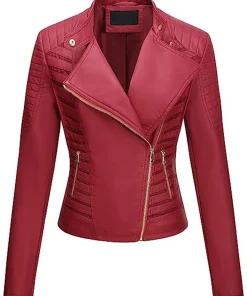 womens-red-faux-leather-casual-jacket
