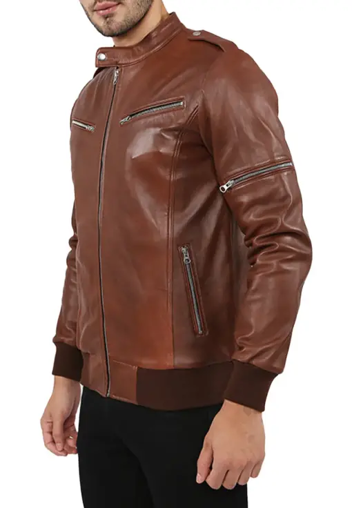 mens-band-collar-brown-bomber-faux-leather-jacket
