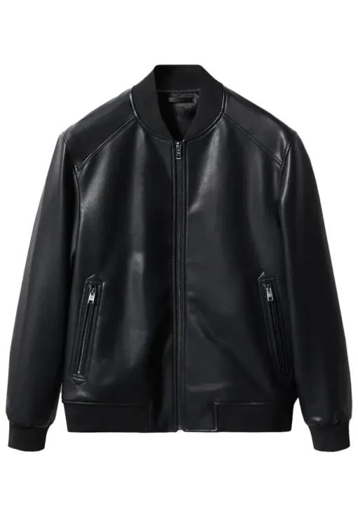 mens-black-faux-leather-classic-bomber-jacket