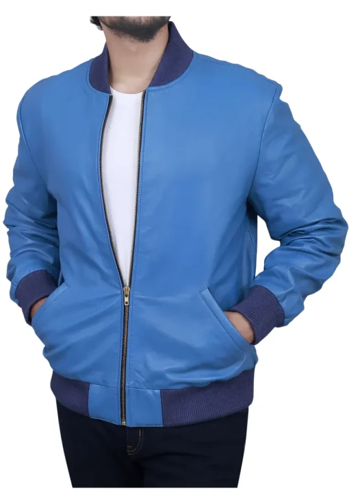 mens-blue-faux-leather-bomber-jacket