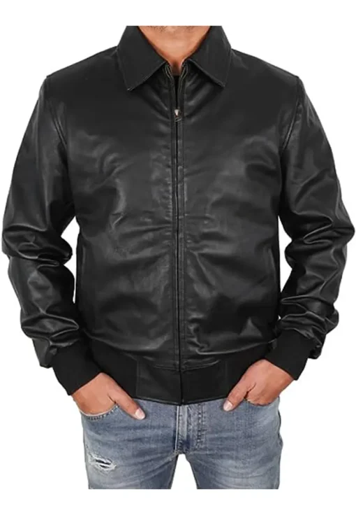 mens-casual-black-faux-leather-motorbike-bomber-jacket