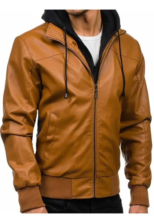 mens-causal-brown-faux-leather-bomber-jacket-with-hoodie