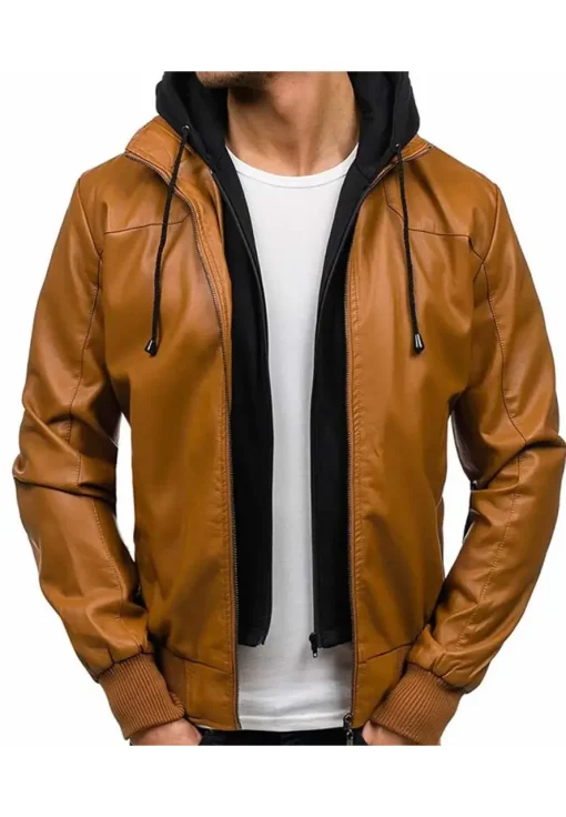 mens-causal-brown-faux-leather-bomber-jacket-with-hoodie