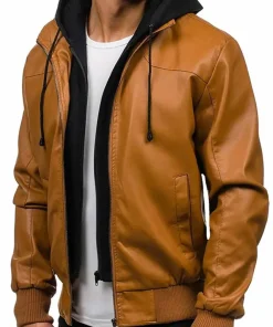 mens-causal-brown-faux-leather-bomber-jacket-with-hoodie