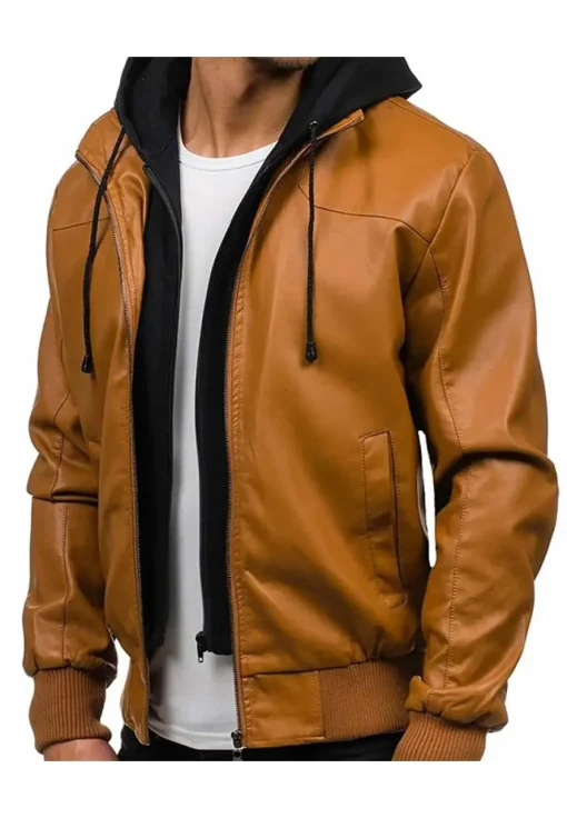 mens-causal-brown-faux-leather-bomber-jacket-with-hoodie