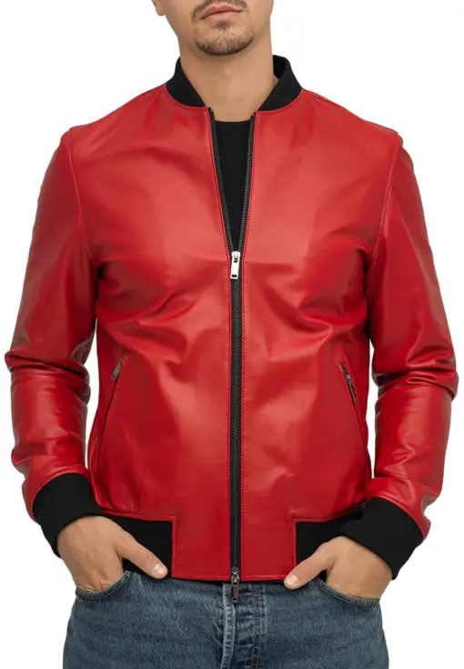 mens-elegant-red-bomber-faux-leather-jacket