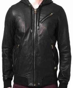 mens-hooded-black-faux-leather-bomber-jacket