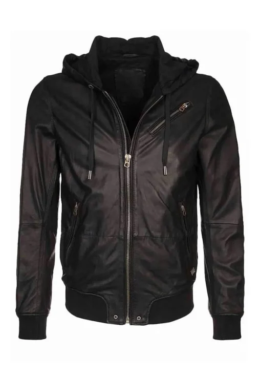 mens-hooded-black-faux-leather-bomber-jacket