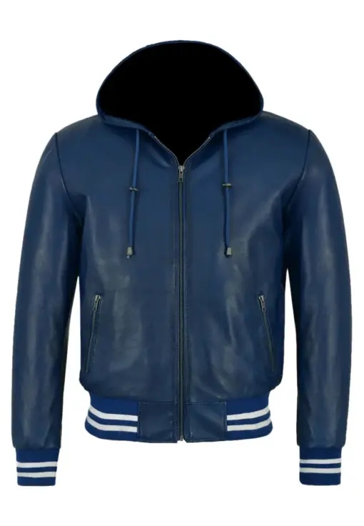 mens-hooded-blue-faux-leather-bomber-jacket