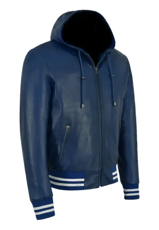 mens-hooded-blue-faux-leather-bomber-jacket