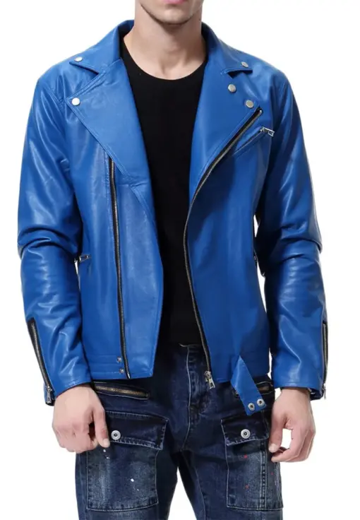 mens-lapel-collar-blue-biker-faux-leather-jacket